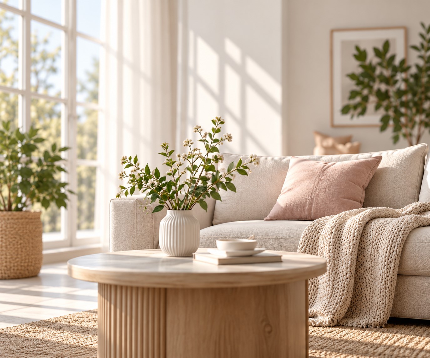 Sunlit living room with a cream sofa, a blush cushion and fresh flowers on a wooden coffee table